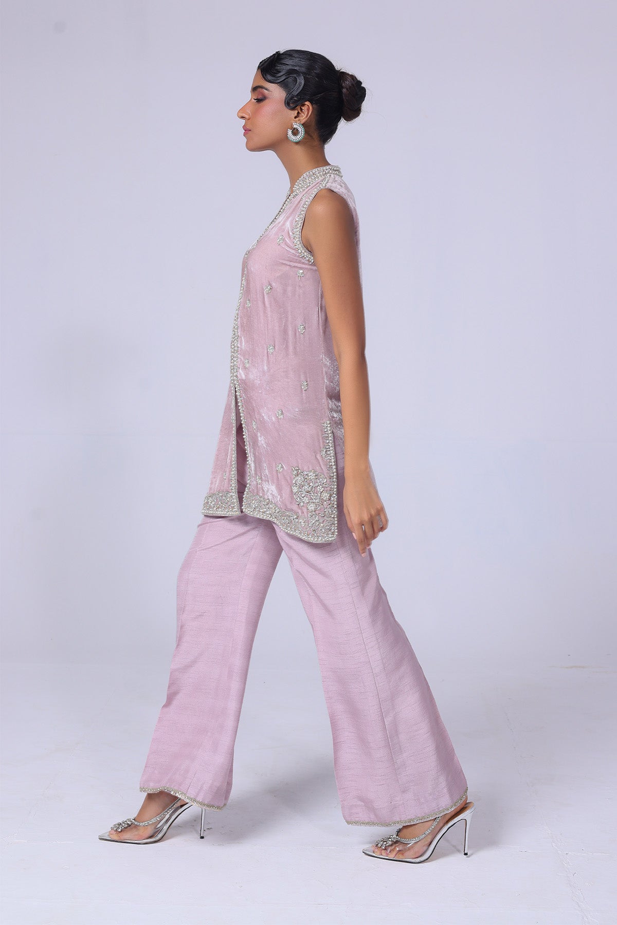 Light Lilac Embellished Velvet Jacket with Raw Silk Pants (2-Piece) - Image 3