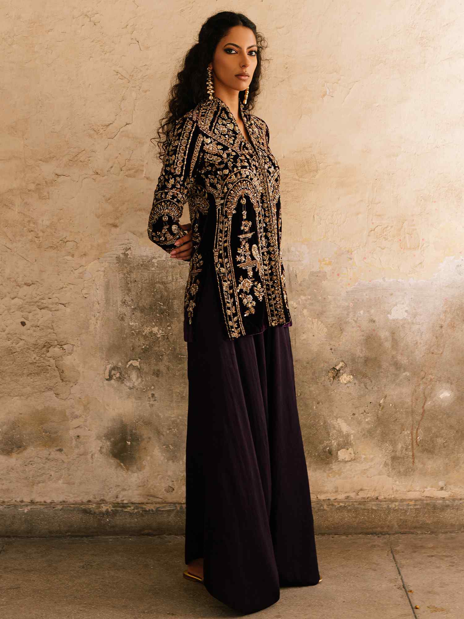 Plum Violet Embroidered Velvet Jacket with Raw Silk Pants (2-Piece) - Image 2