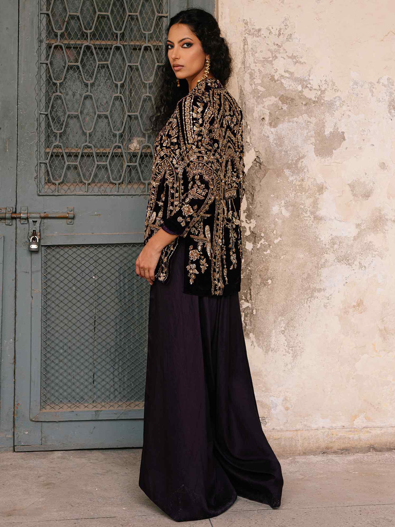 Plum Violet Embroidered Velvet Jacket with Raw Silk Pants (2-Piece) - Image 3