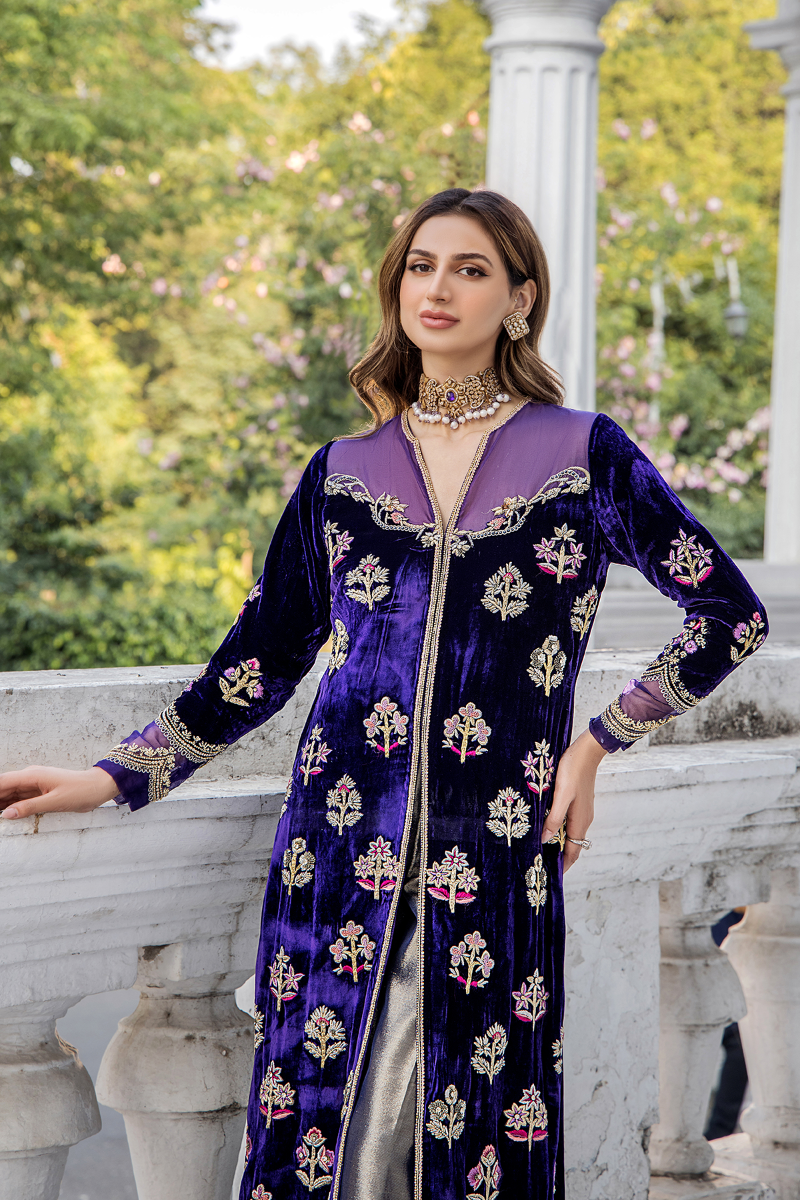 Deep Purple Embroidered Velvet Salwar Kameez (2-Piece) - Image 2