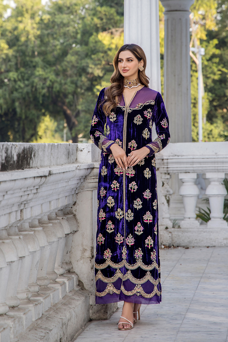 Deep Purple Embroidered Velvet Salwar Kameez (2-Piece) - Image 3