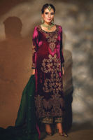 Purple Embroidered Velvet Salwar Kameez (3-Piece) - Image 3