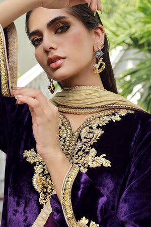Pakistani Deep Purple Gold Embroidered Velvet Salwar Kameez (3-Piece) - Image 2