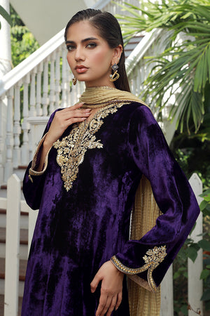 Pakistani Deep Purple Gold Embroidered Velvet Salwar Kameez (3-Piece) - Image 6