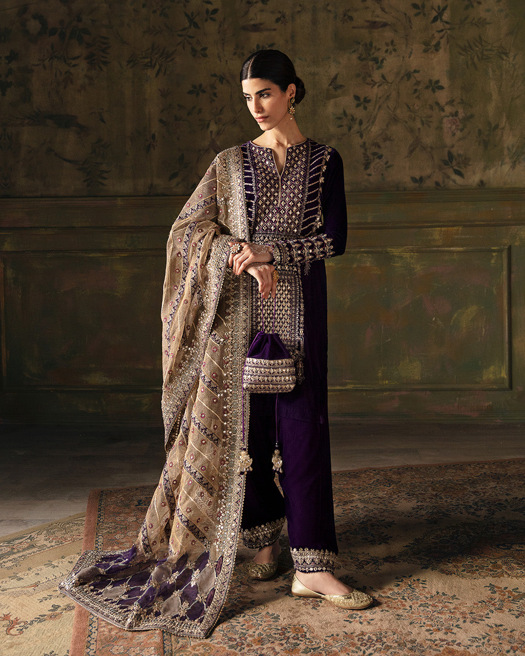 Pakistani Purple Embroidered Velvet Salwar Kameez (3-Piece) - Image 1