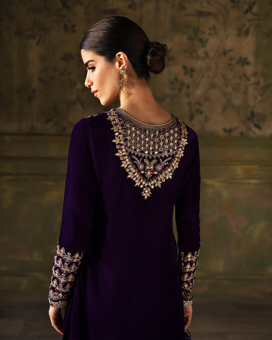 Purple Velvet Embroidered Salwar Kameez (3-Piece) - Image 3