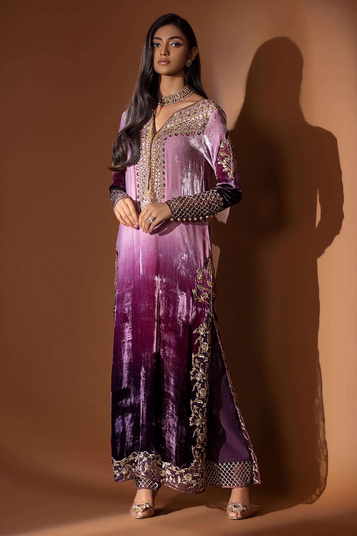 Purple Embroidered Velvet Long Shirt (2-Piece) - Image 1