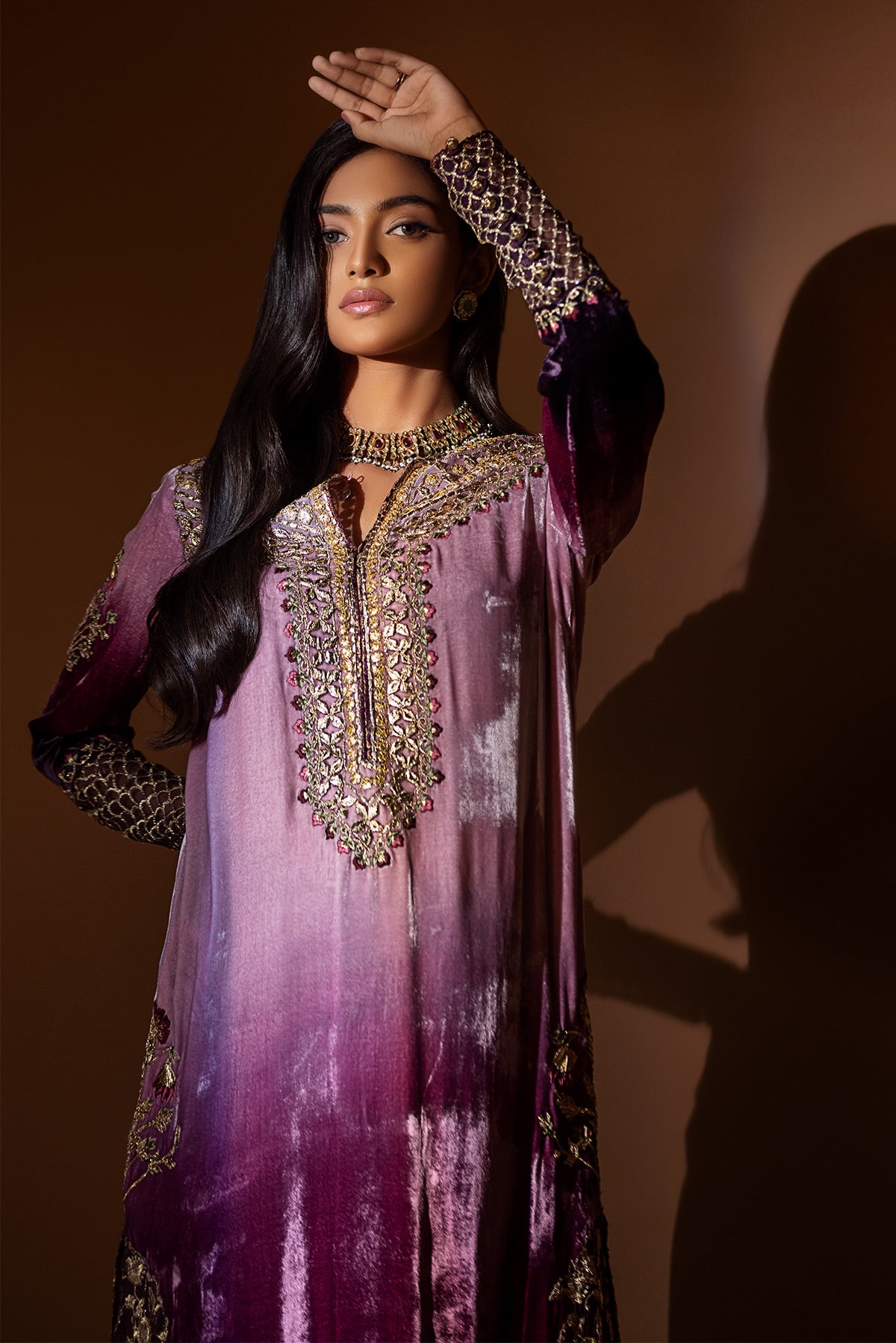 Purple Embroidered Velvet Long Shirt (2-Piece) - Image 2