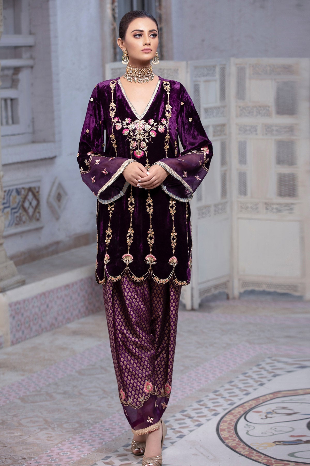 Pakistani Plum Velvet Embroidered Salwar Kameez (2-Piece) - Image 1