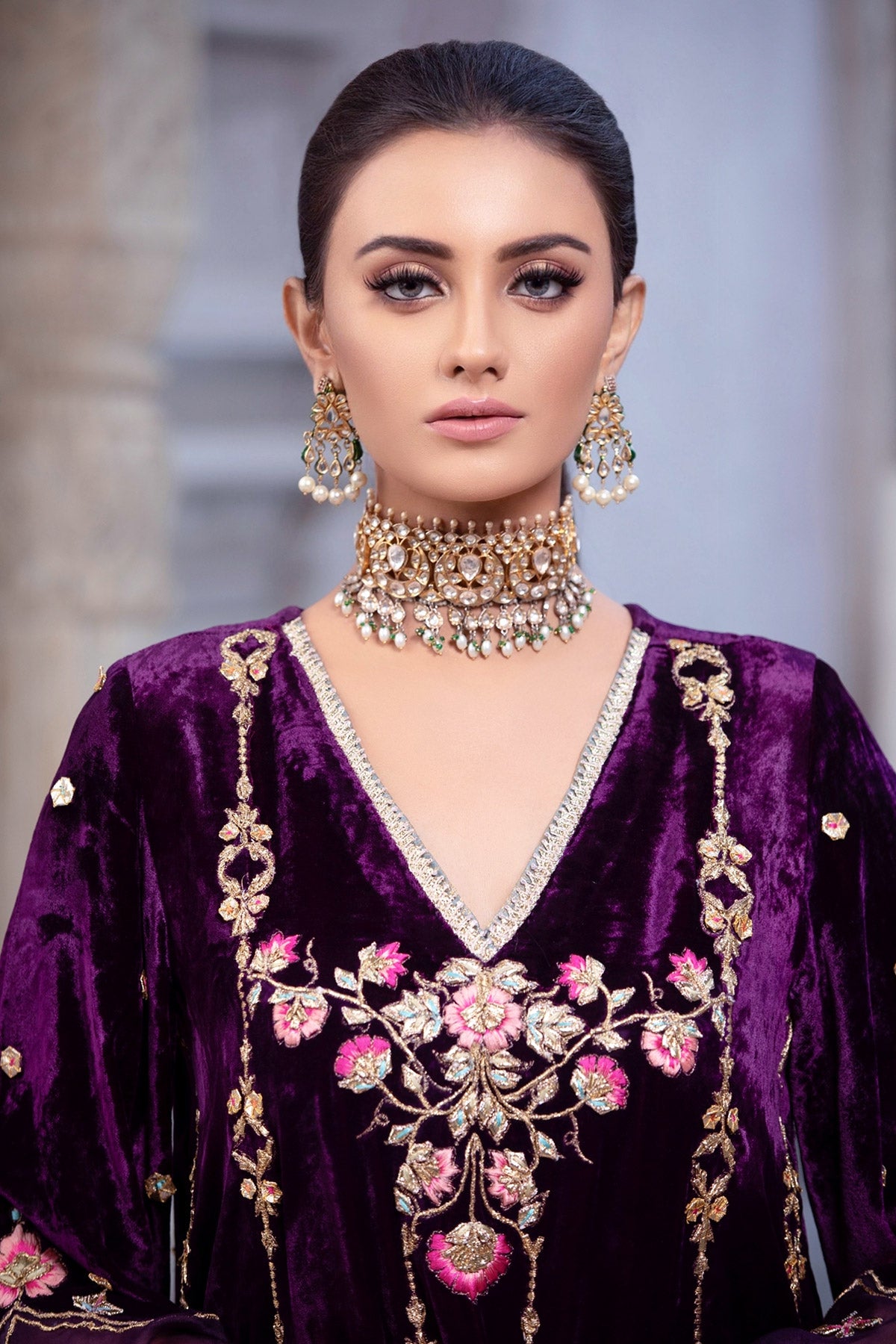 Pakistani Plum Velvet Embroidered Salwar Kameez (2-Piece) - Image 2