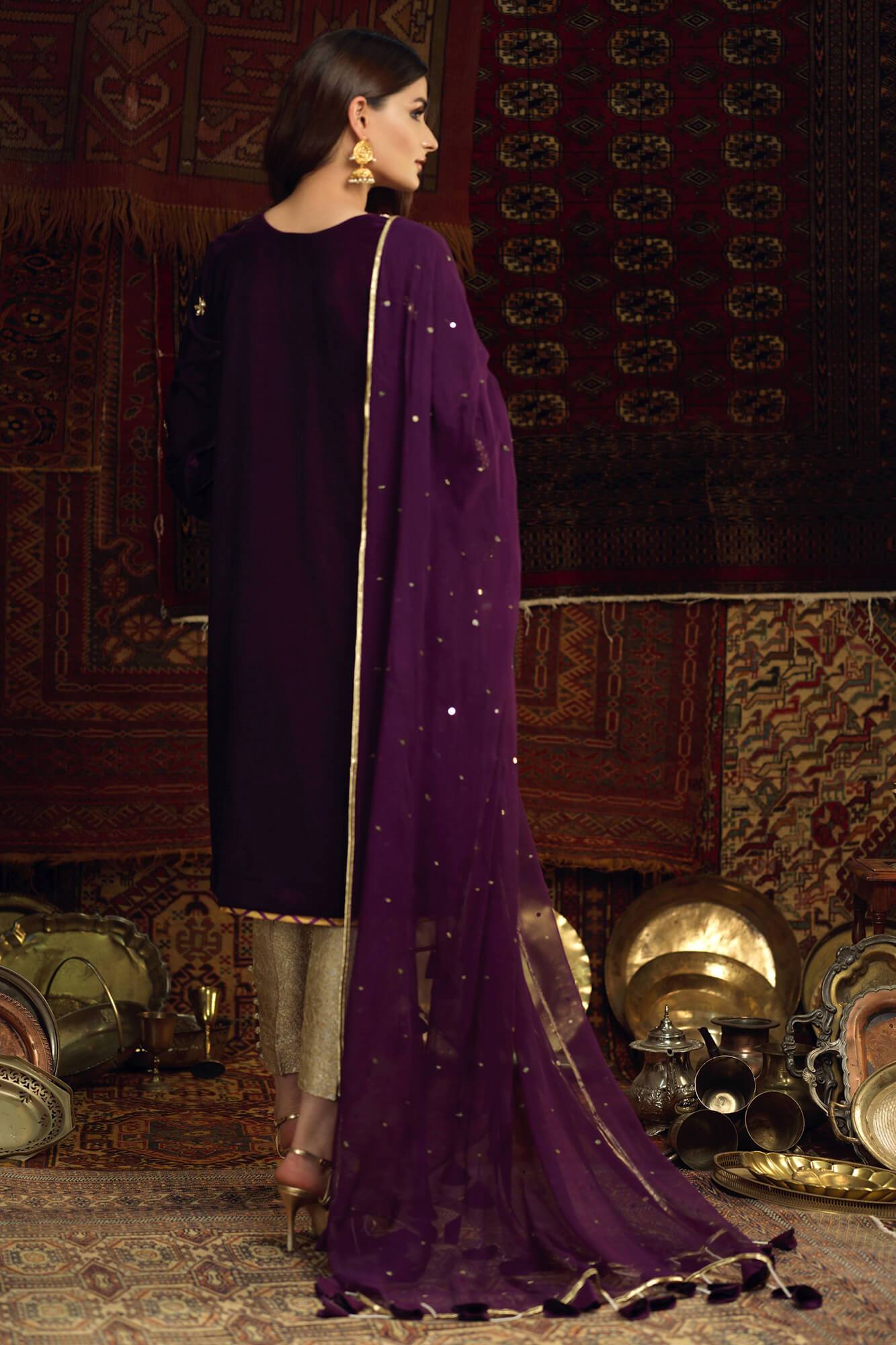 Pakistani Deep Purple Embroidered Velvet Salwar Kameez (3-Piece) - Image 3