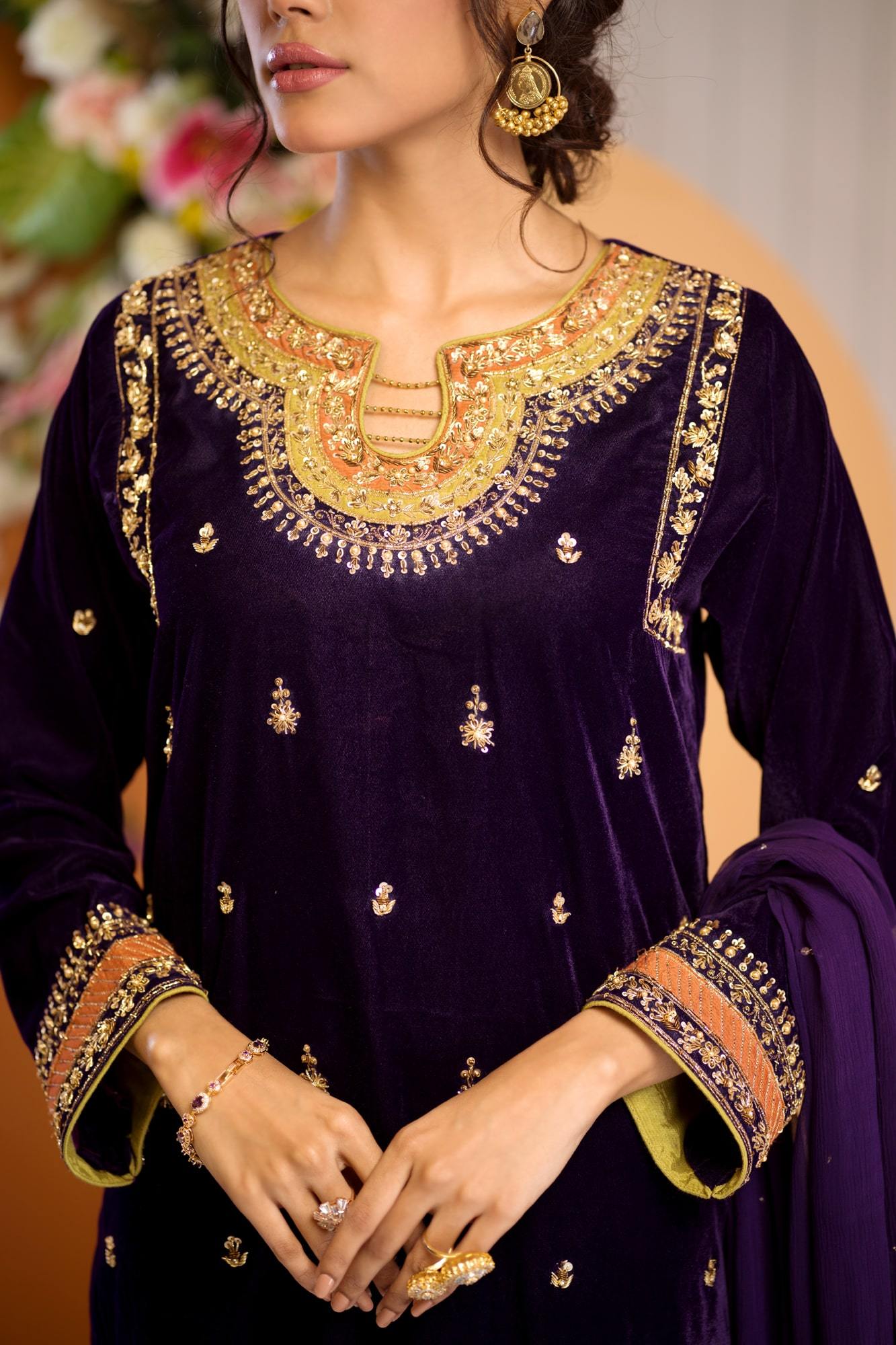 Deep Purple Embroidered Velvet Salwar Kameez (3-Piece) - Image 4