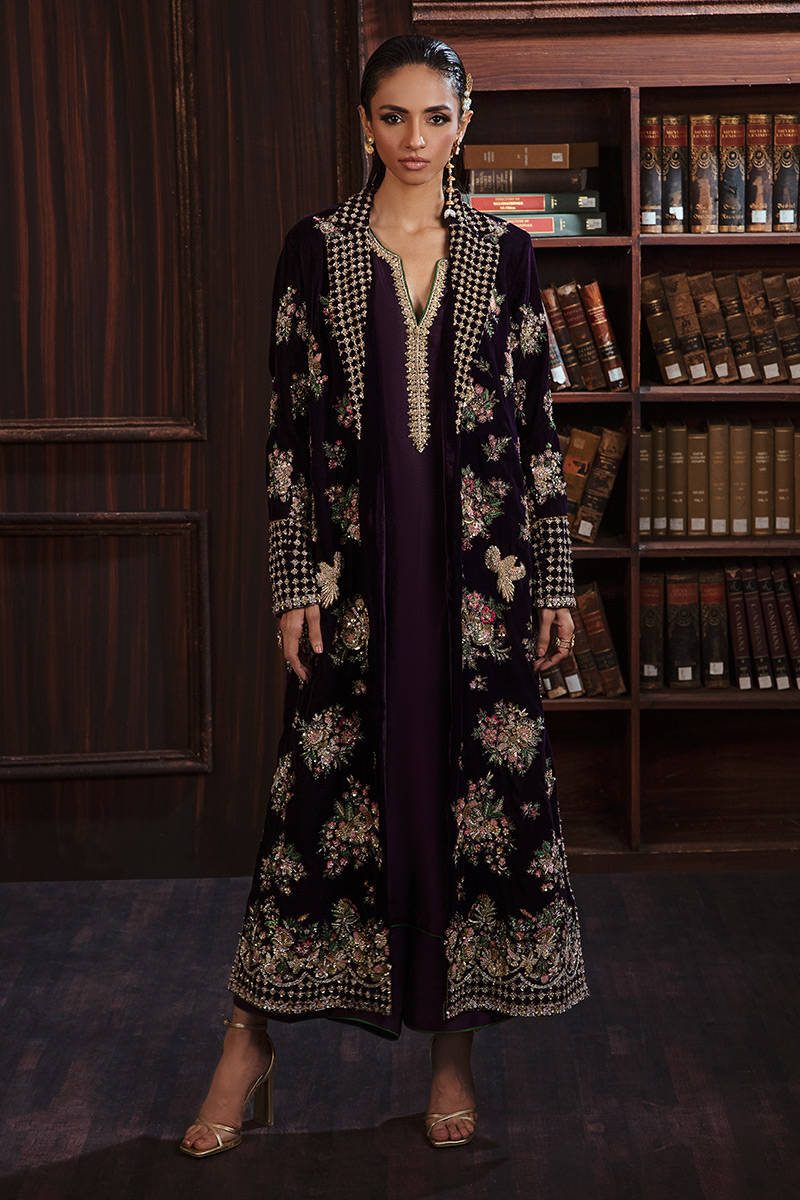 Pakistani Plum Embellished Velvet Long Jacket Set (3-Piece) - Image 1