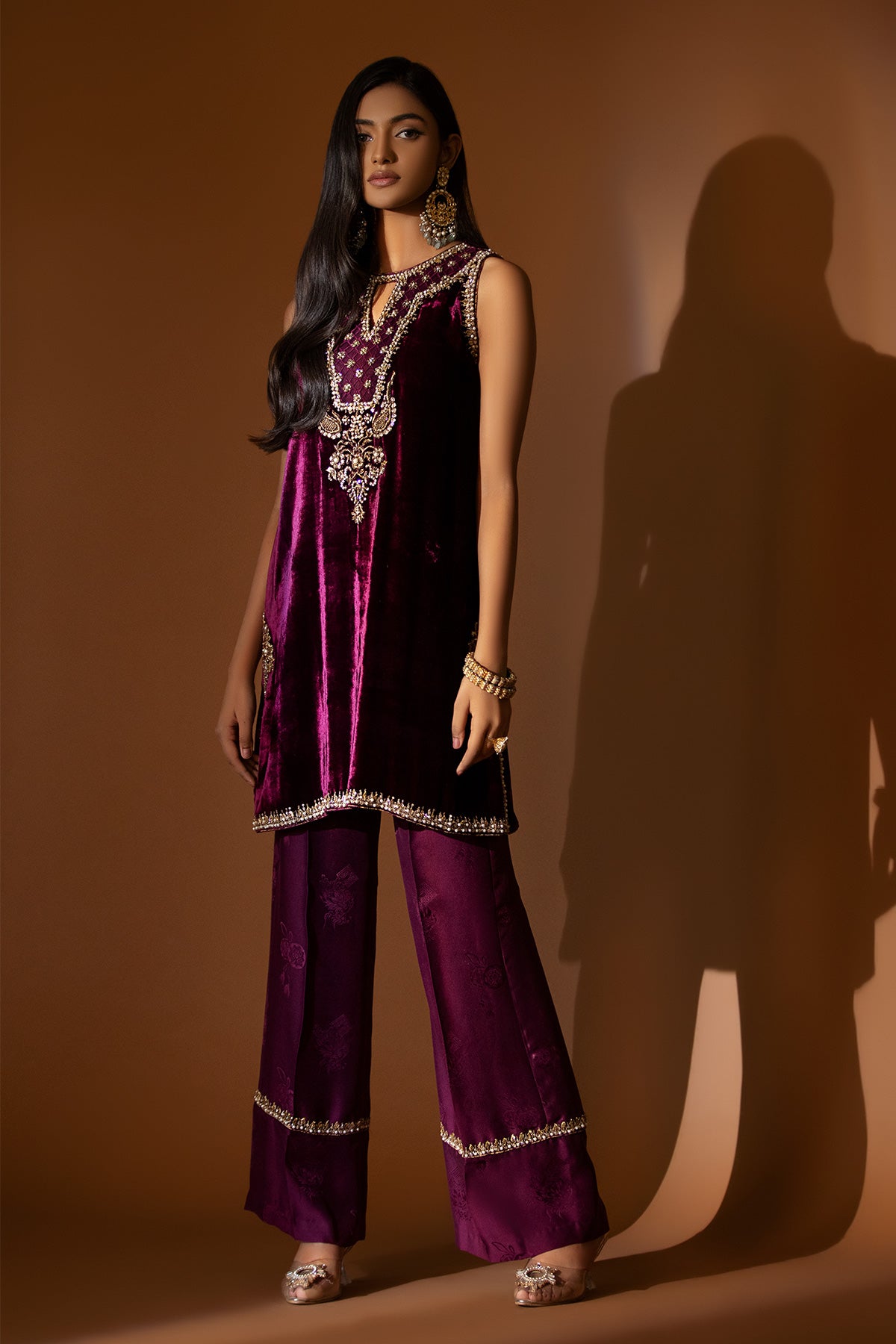 Plum Embellished Velvet Short Shirt with Silk Pants (2-Piece) - Image 1