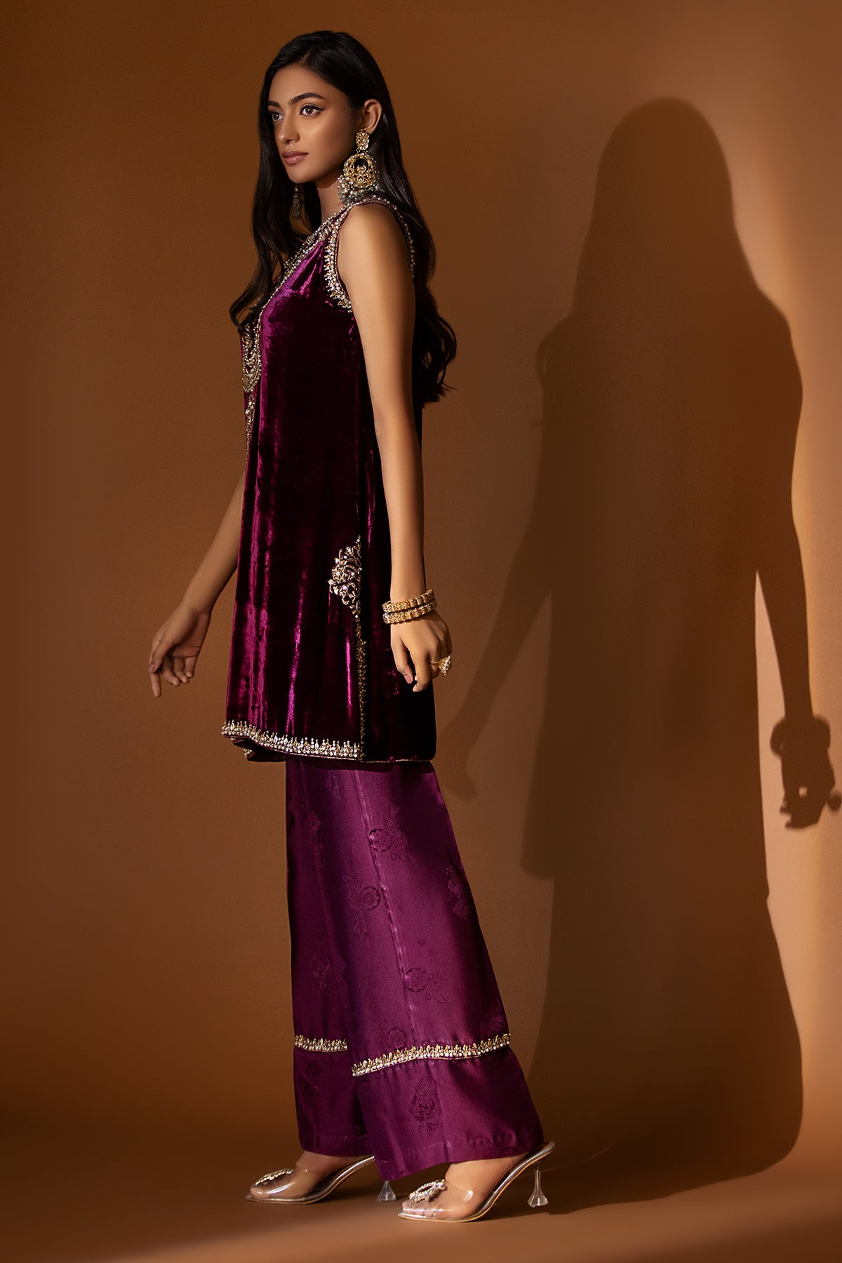 Plum Embellished Velvet Short Shirt with Silk Pants (2-Piece) - Image 2