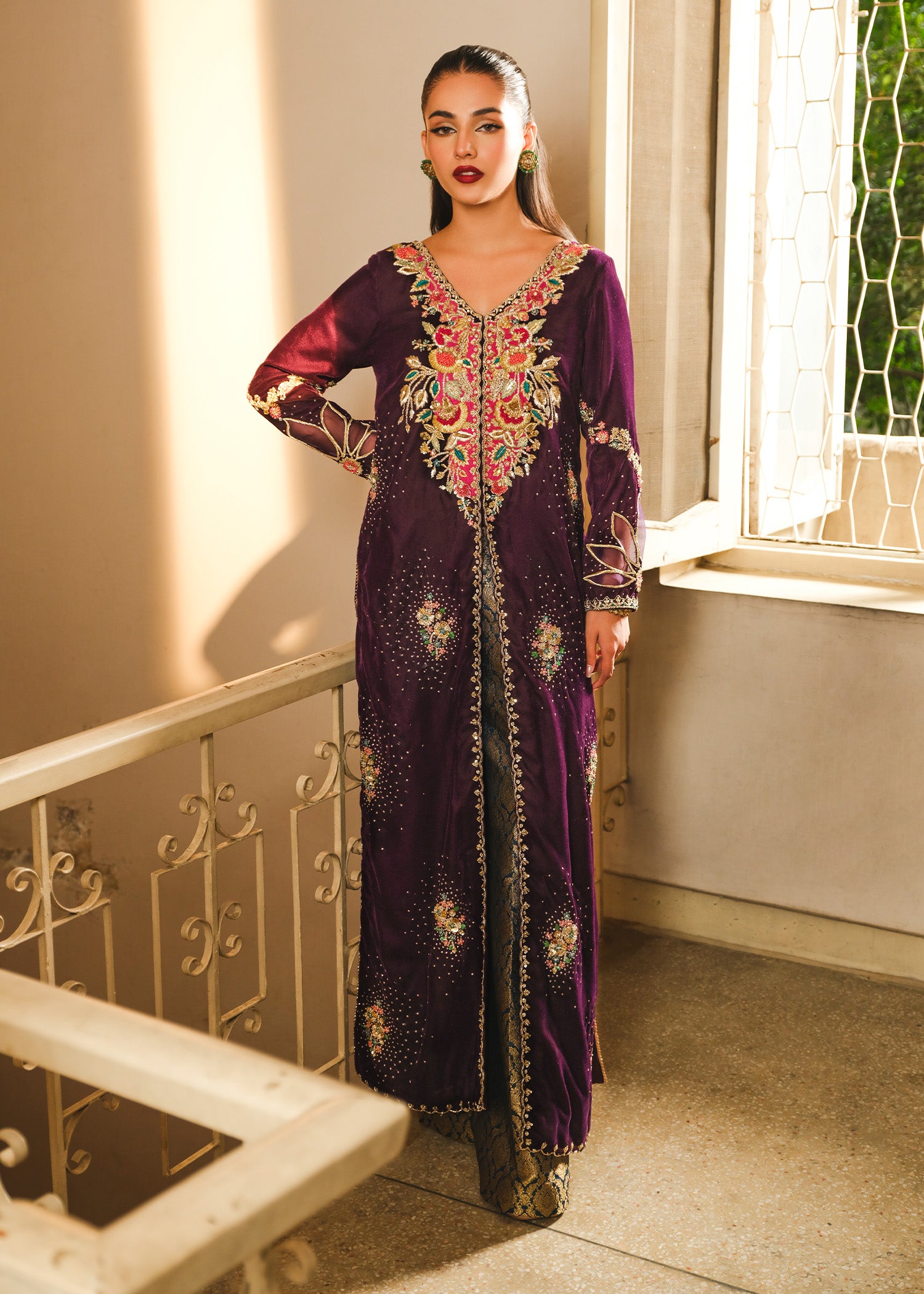 Pakistani Purple Embroidered Velvet Salwar Kameez (3-Piece) - Image 1