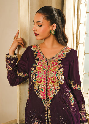 Pakistani Purple Embroidered Velvet Salwar Kameez (3-Piece) - Image 3