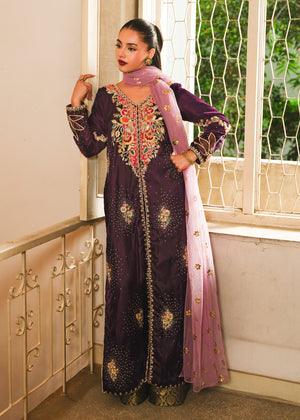 Pakistani Purple Embroidered Velvet Salwar Kameez (3-Piece) - Image 7