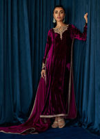 Pakistani Aubergine Hand-Embellished Velvet Salwar Kameez (3-Piece) - Image 1