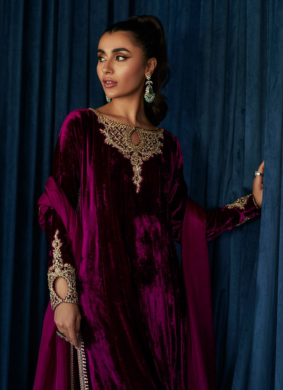 Pakistani Aubergine Hand-Embellished Velvet Salwar Kameez (3-Piece) - Image 3