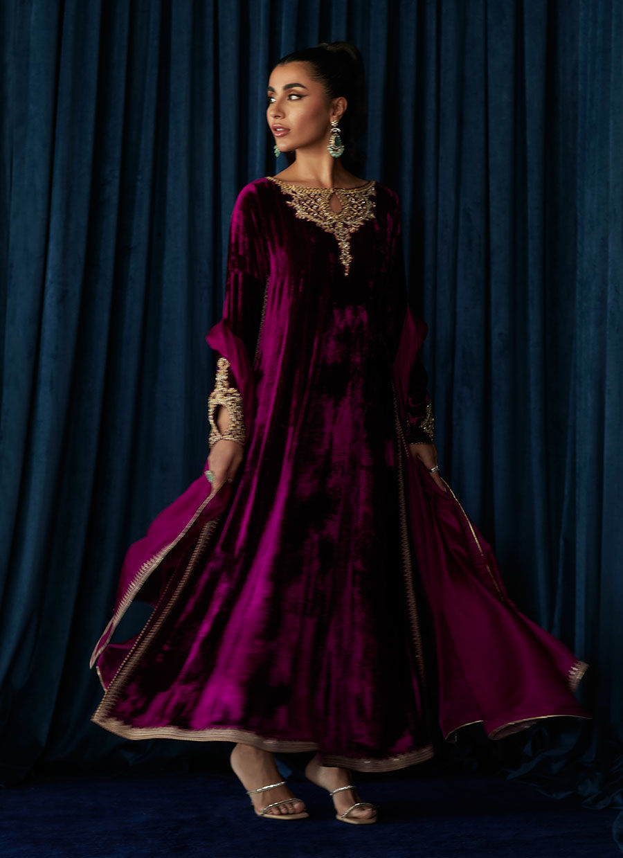 Pakistani Aubergine Hand-Embellished Velvet Salwar Kameez (3-Piece) - Image 4