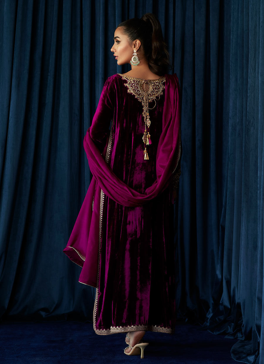 Pakistani Aubergine Hand-Embellished Velvet Salwar Kameez (3-Piece) - Image 6