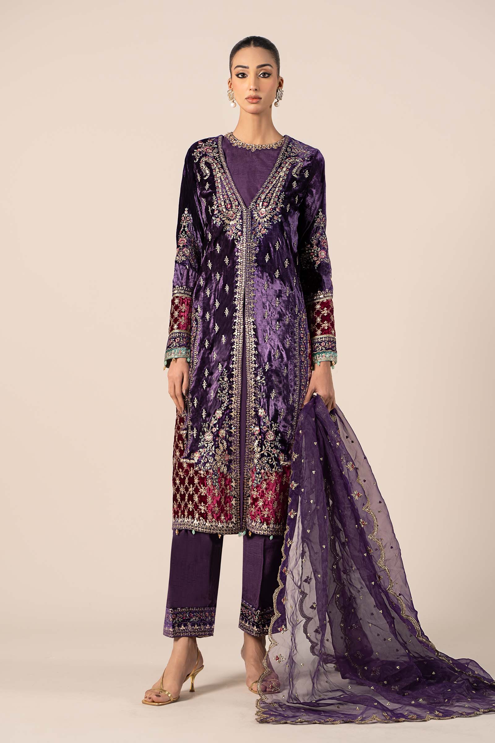 Pakistani Purple Embroidered Velvet & Raw Silk Jacket Suit (3-Piece) - Image 1