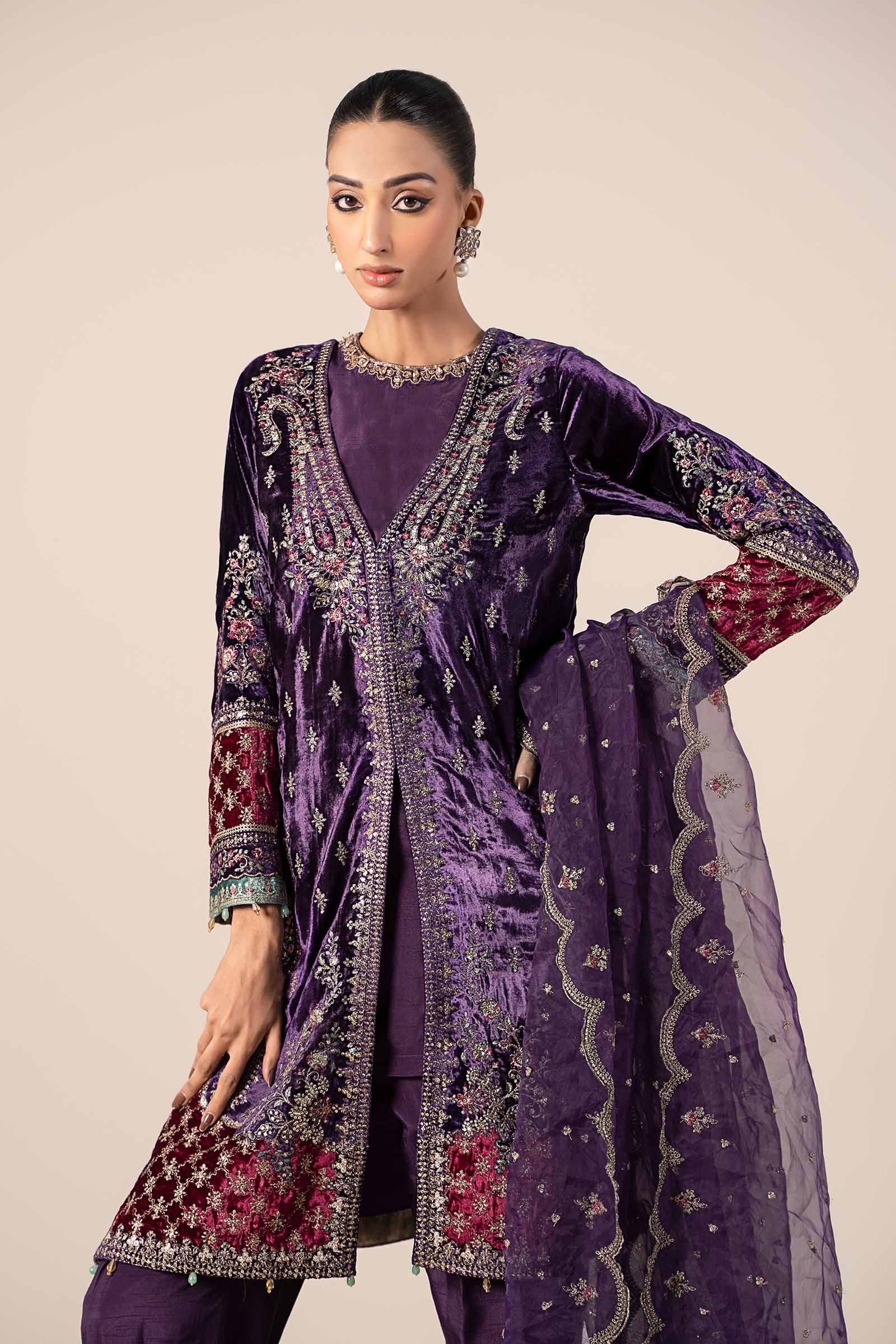 Pakistani Purple Embroidered Velvet & Raw Silk Jacket Suit (3-Piece) - Image 3