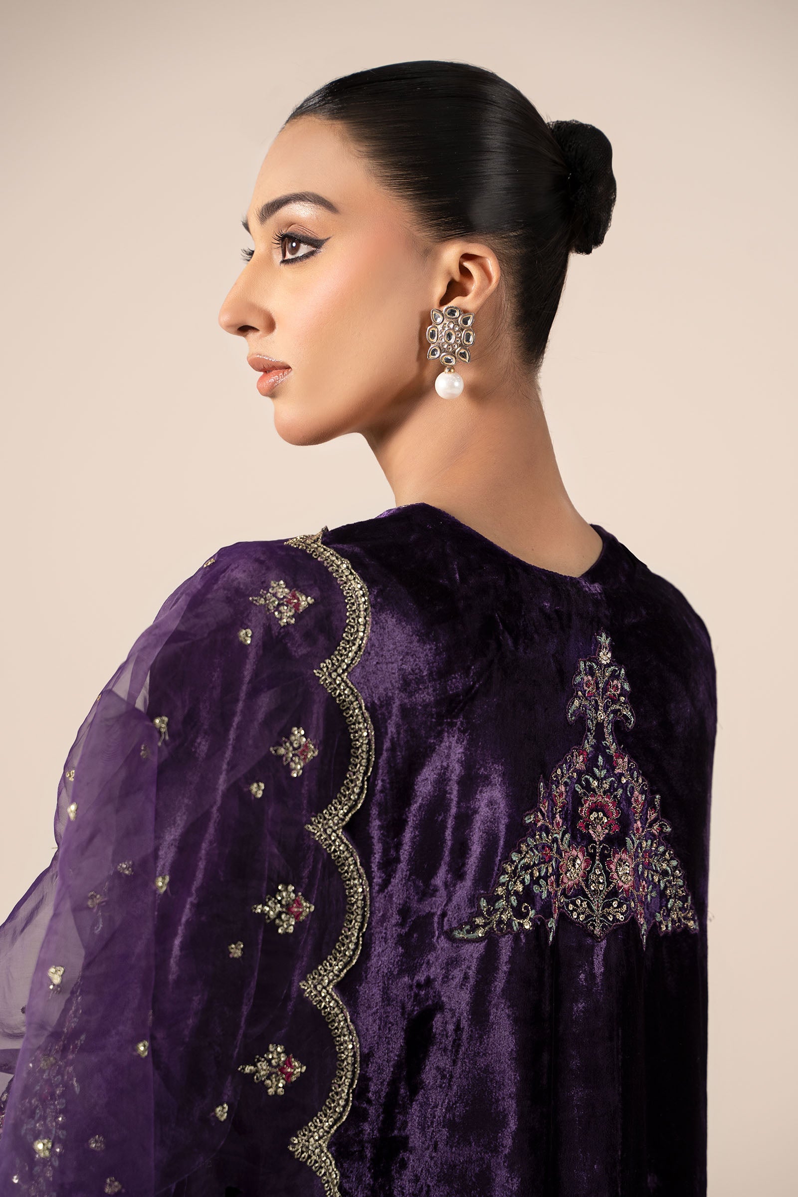 Pakistani Purple Embroidered Velvet & Raw Silk Jacket Suit (3-Piece) - Image 4