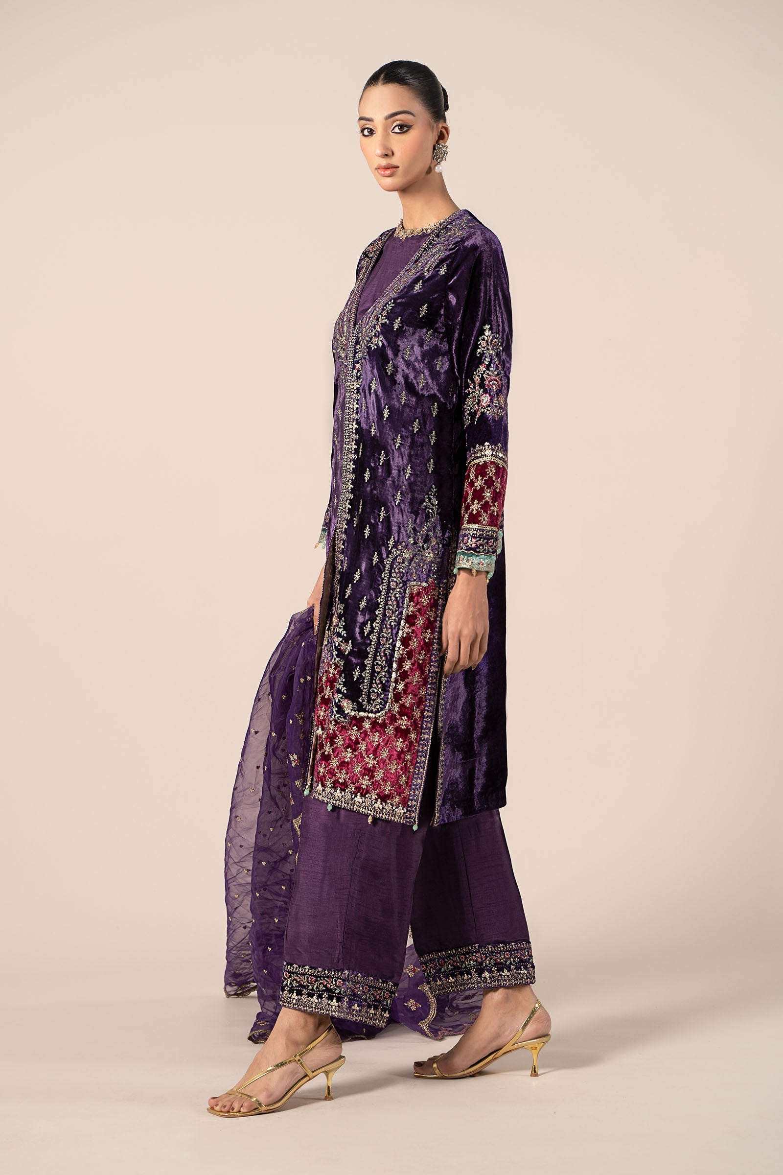 Pakistani Purple Embroidered Velvet & Raw Silk Jacket Suit (3-Piece) - Image 5