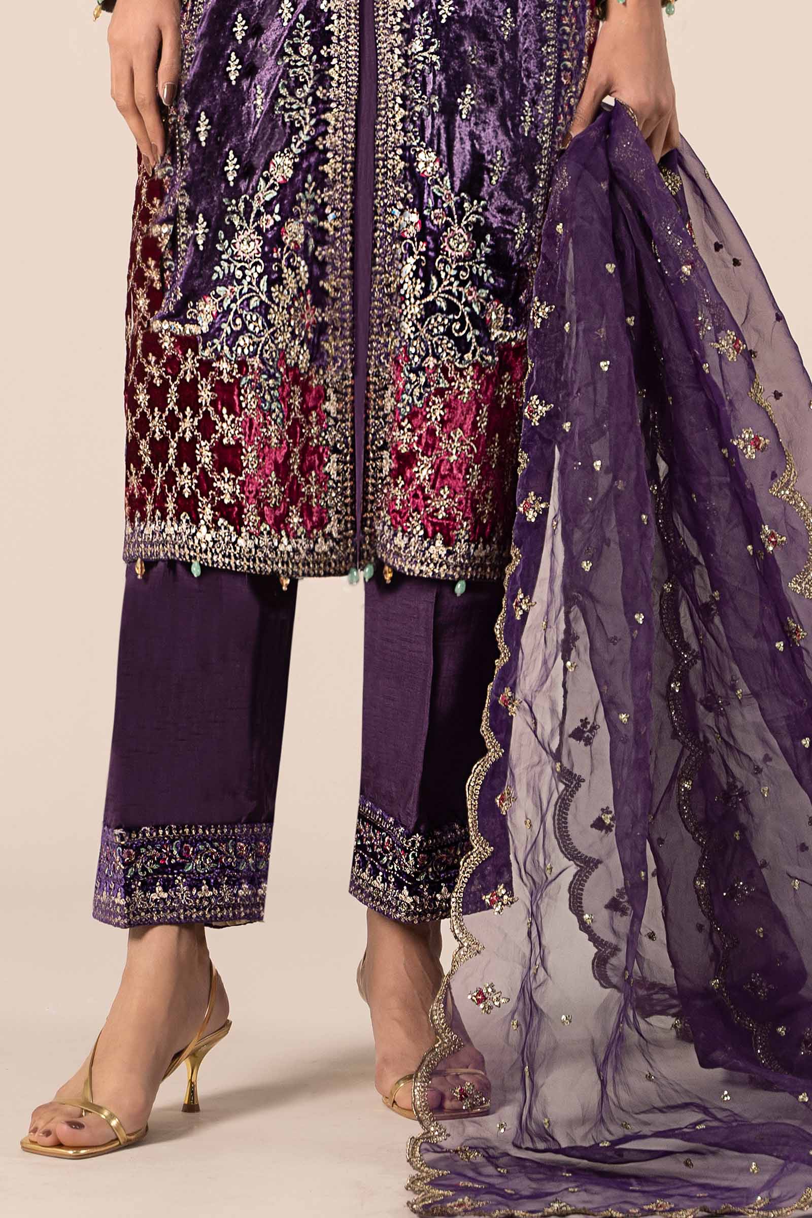 Pakistani Purple Embroidered Velvet & Raw Silk Jacket Suit (3-Piece) - Image 6