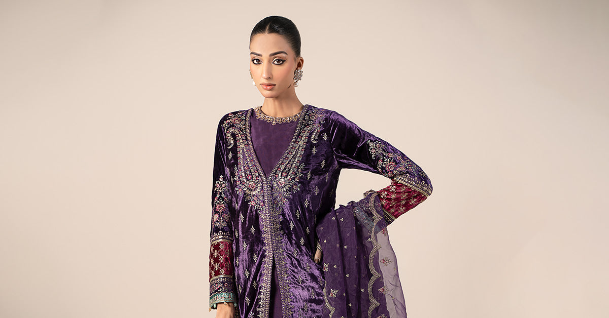 Pakistani Purple Embroidered Velvet & Raw Silk Jacket Suit (3-Piece) - Image 7