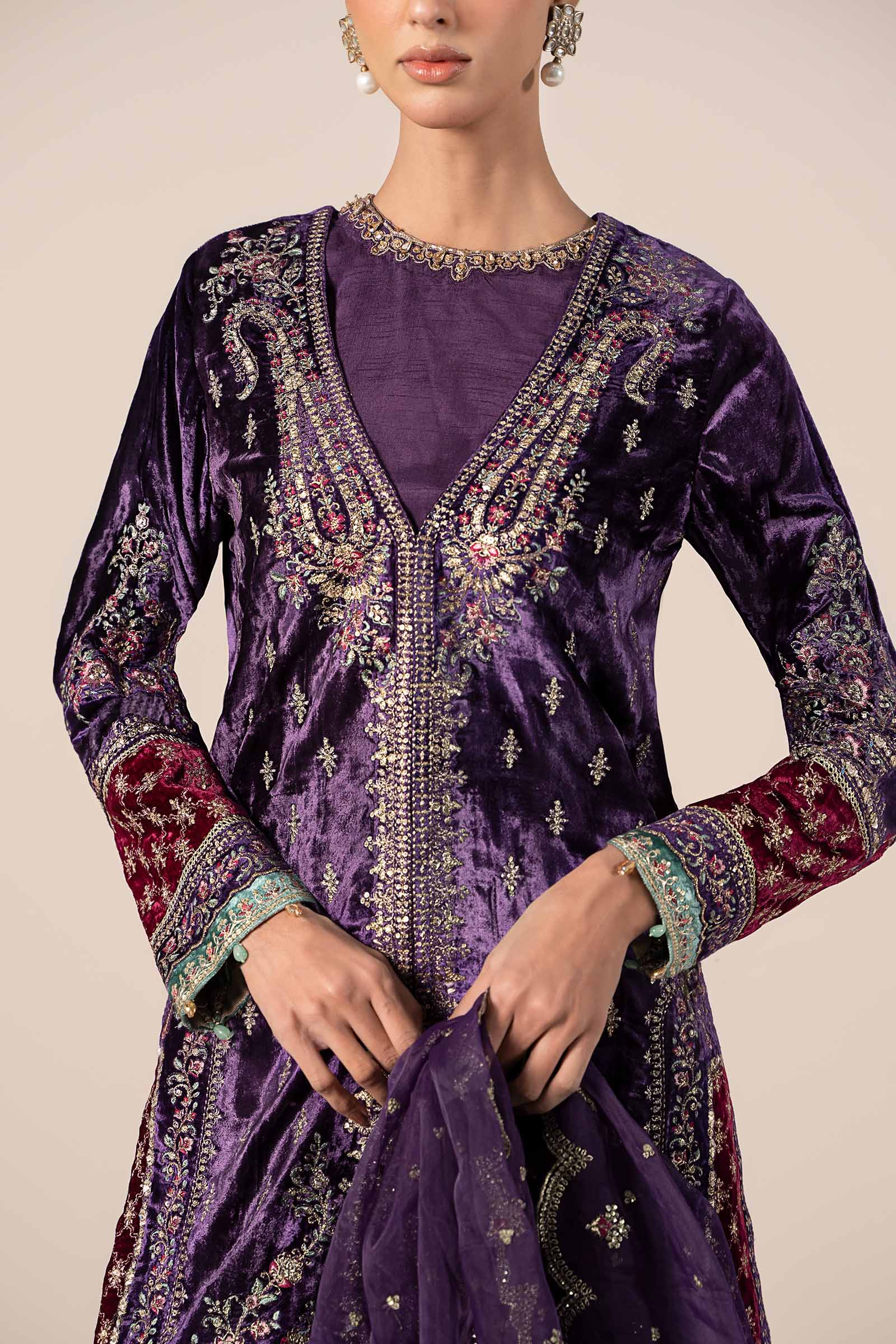 Pakistani Purple Embroidered Velvet & Raw Silk Jacket Suit (3-Piece) - Image 8