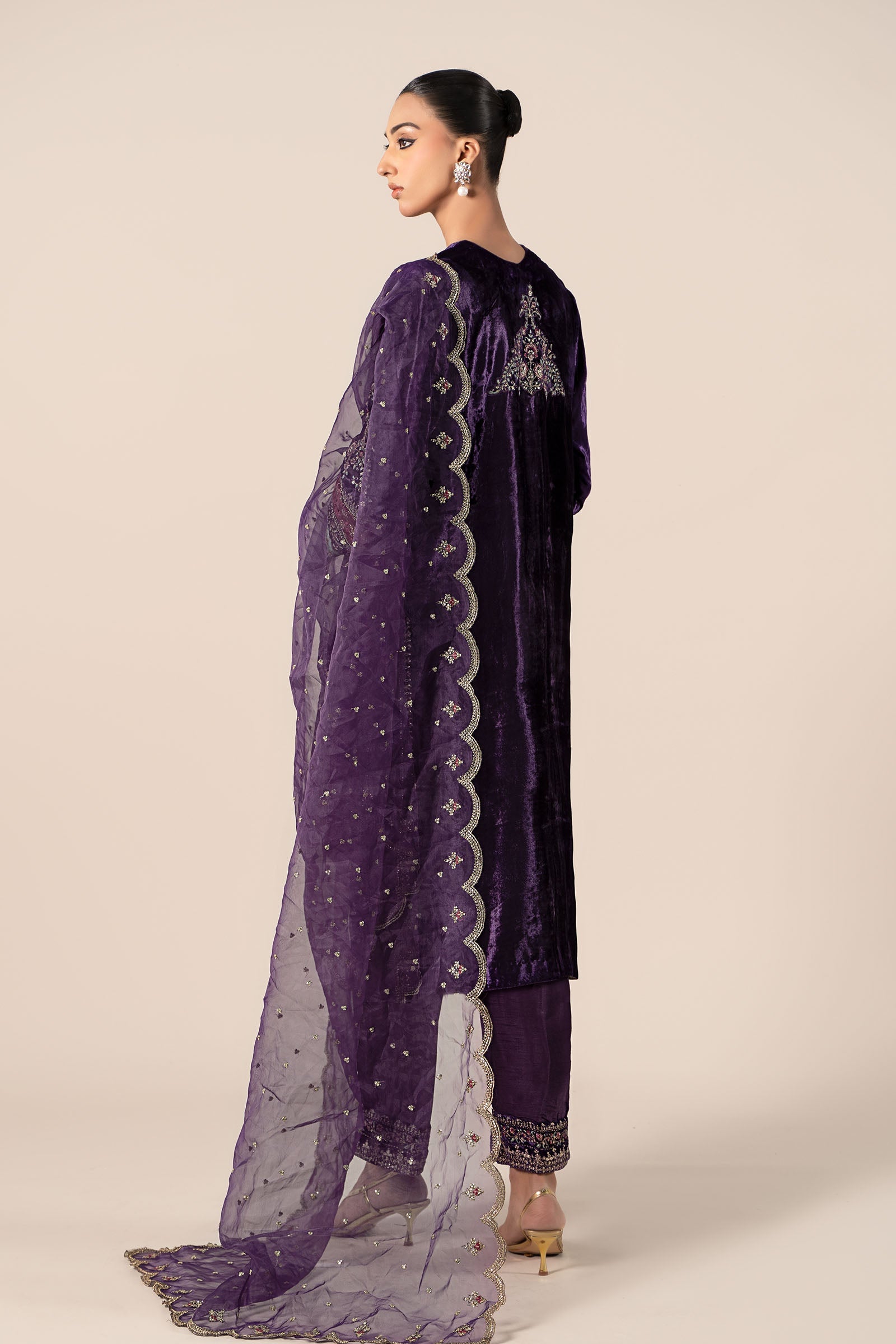 Pakistani Purple Embroidered Velvet & Raw Silk Jacket Suit (3-Piece) - Image 9