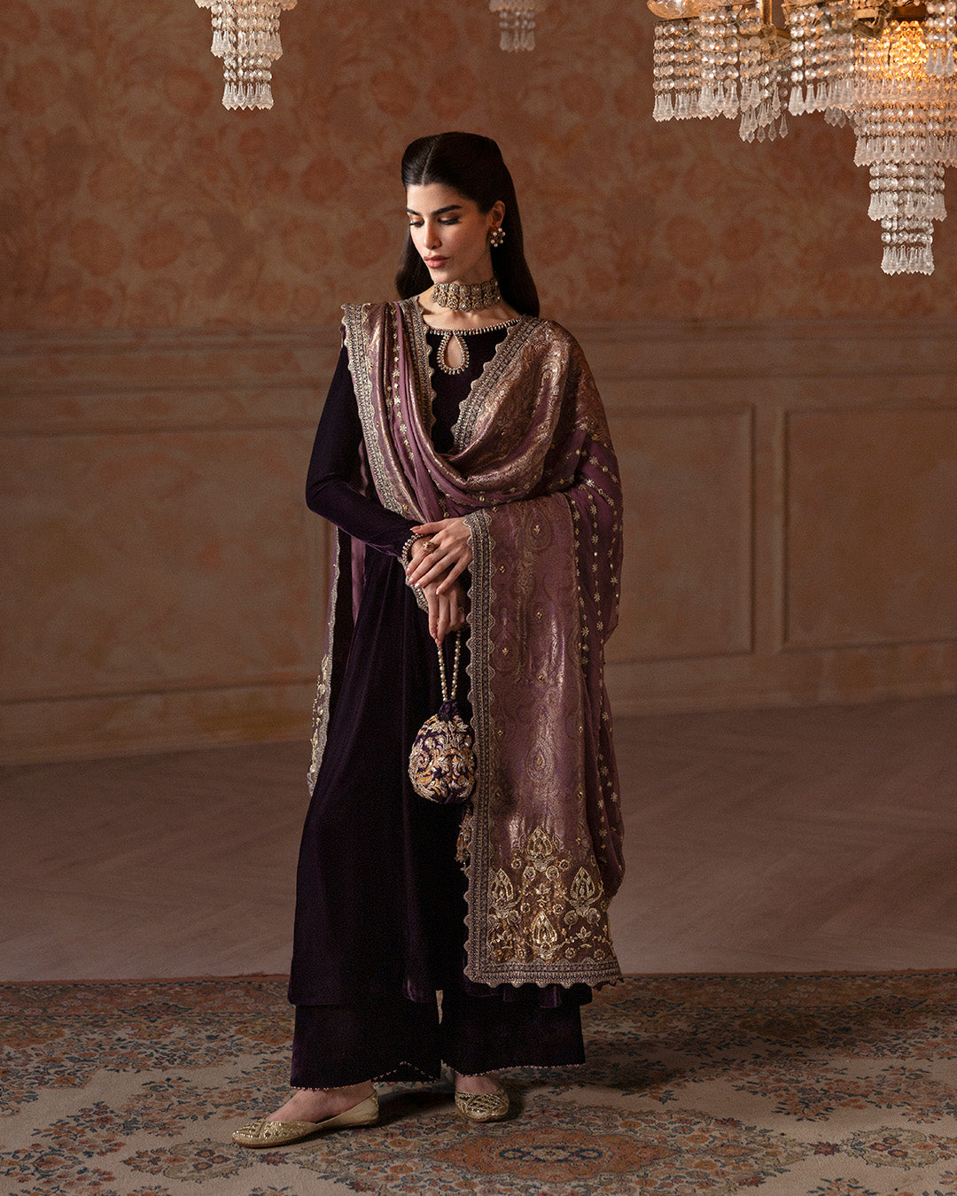 Pakistani Aubergine Embellished Velvet Salwar Kameez (3-Piece) - Image 1