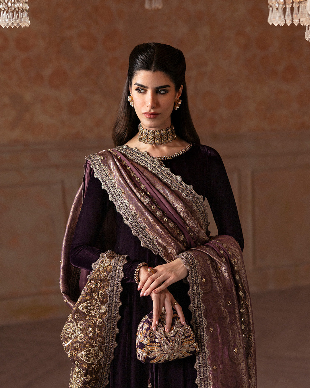 Pakistani Aubergine Embellished Velvet Salwar Kameez (3-Piece) - Image 5