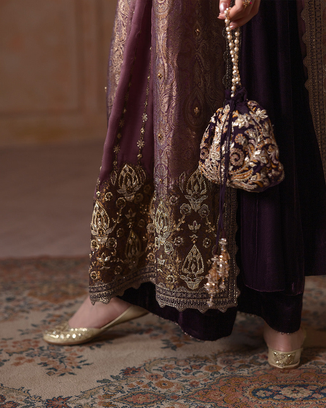 Pakistani Aubergine Embellished Velvet Salwar Kameez (3-Piece) - Image 7