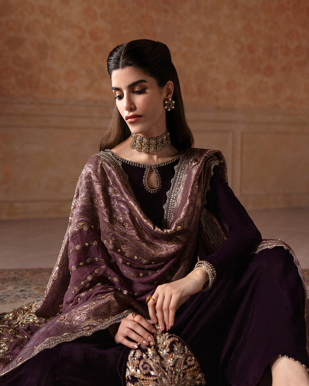 Aubergine Embroidered Velvet Salwar Kameez (3-Piece) - Image 2