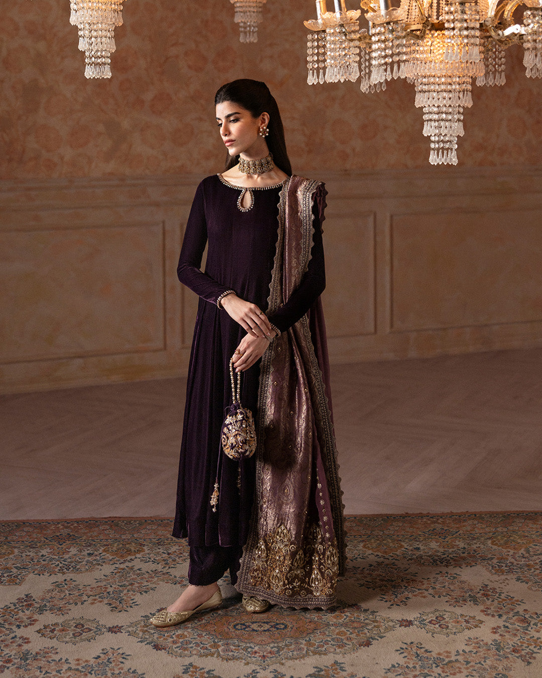 Aubergine Embroidered Velvet Salwar Kameez (3-Piece) - Image 3