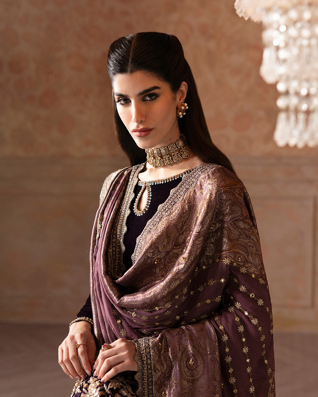 Aubergine Embroidered Velvet Salwar Kameez (3-Piece) - Image 6
