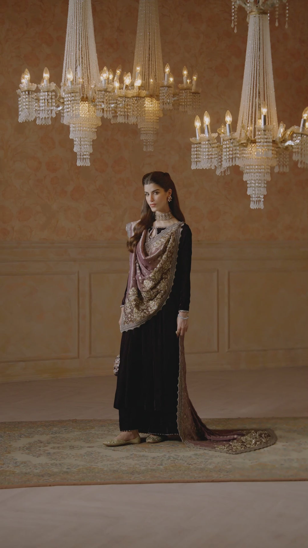 Aubergine Embroidered Velvet Salwar Kameez (3-Piece) - Image 8