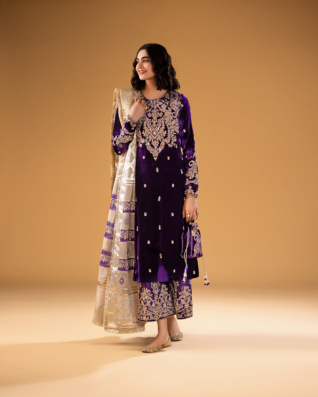 Purple Velvet Embroidered Kurta Set (3-Piece) - Image 1