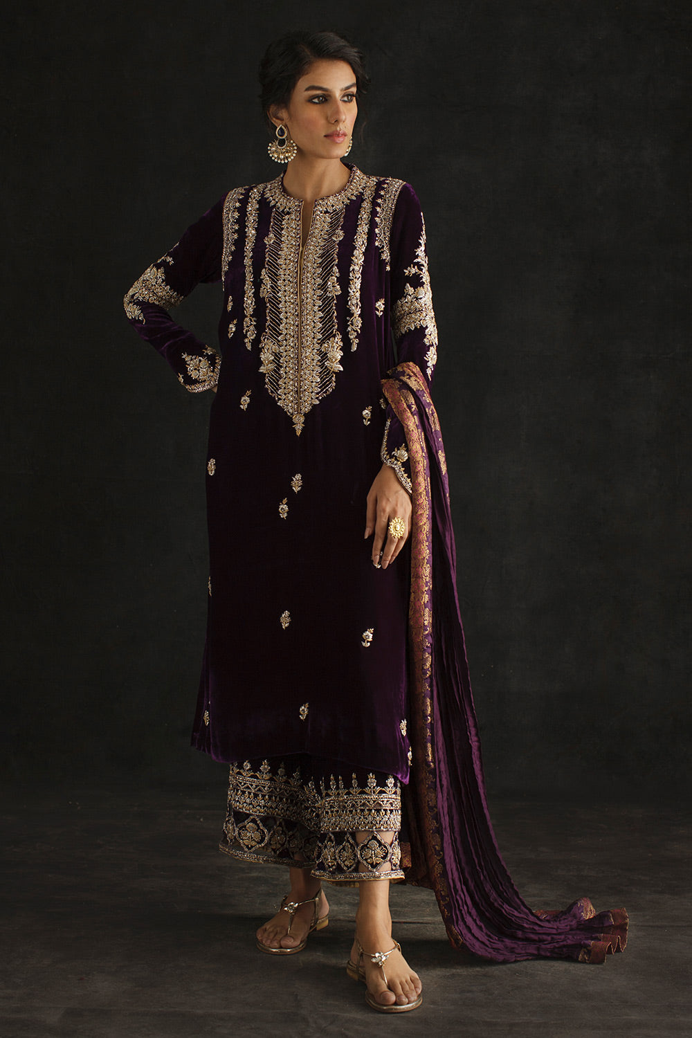 Deep Purple Zardozi Velvet Salwar Kameez (3-Piece) - Image 1