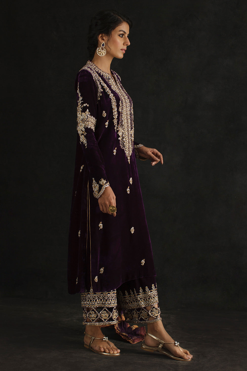 Deep Purple Zardozi Velvet Salwar Kameez (3-Piece) - Image 3