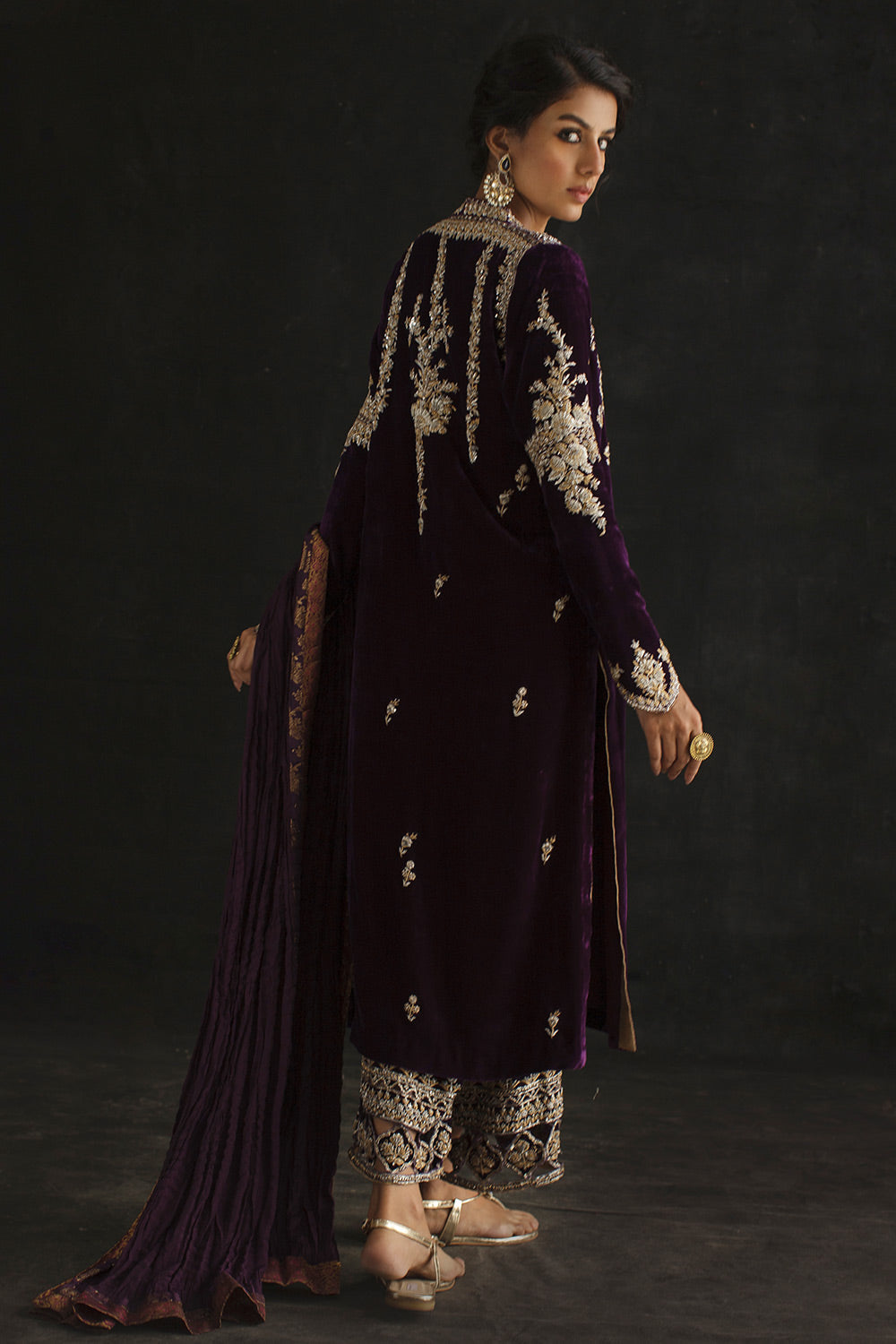 Deep Purple Zardozi Velvet Salwar Kameez (3-Piece) - Image 4
