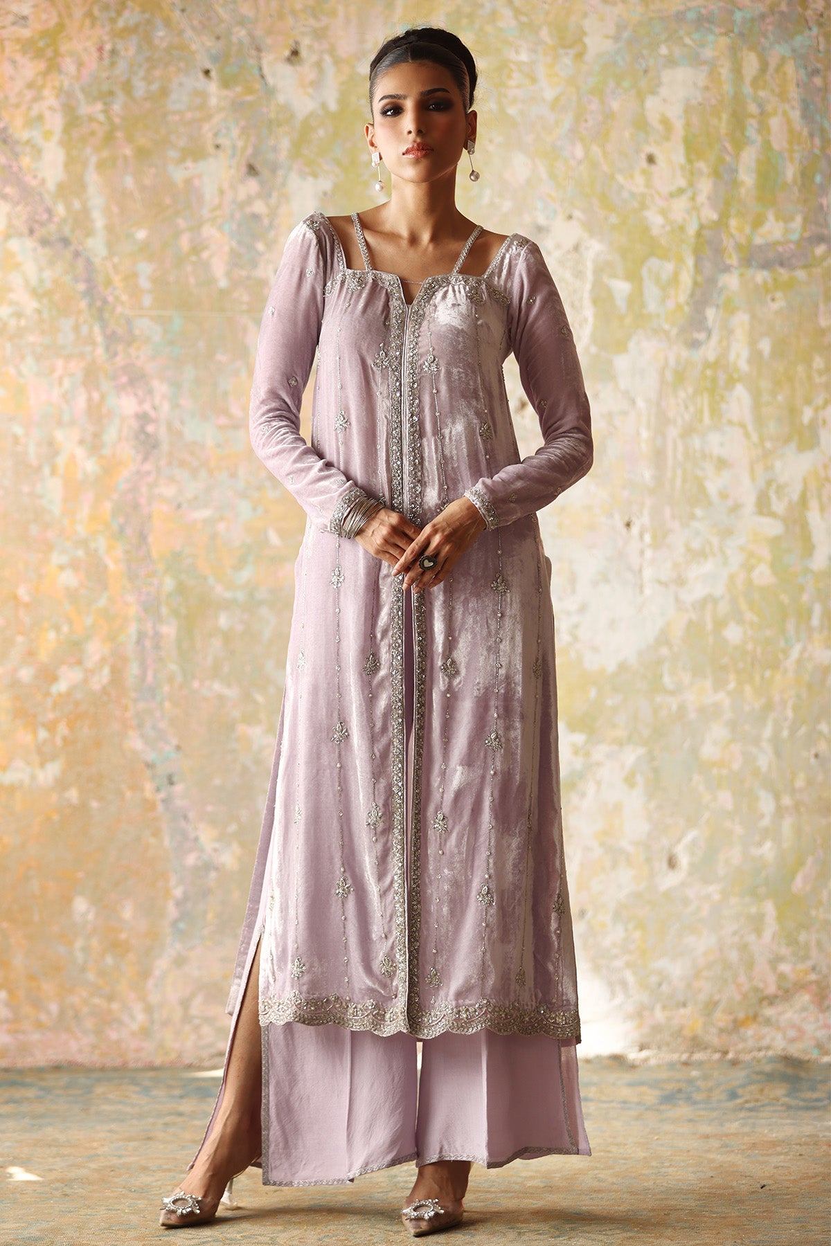 Lilac Hand-Embellished Velvet & Silk Salwar Kameez (2-Piece) - Image 1
