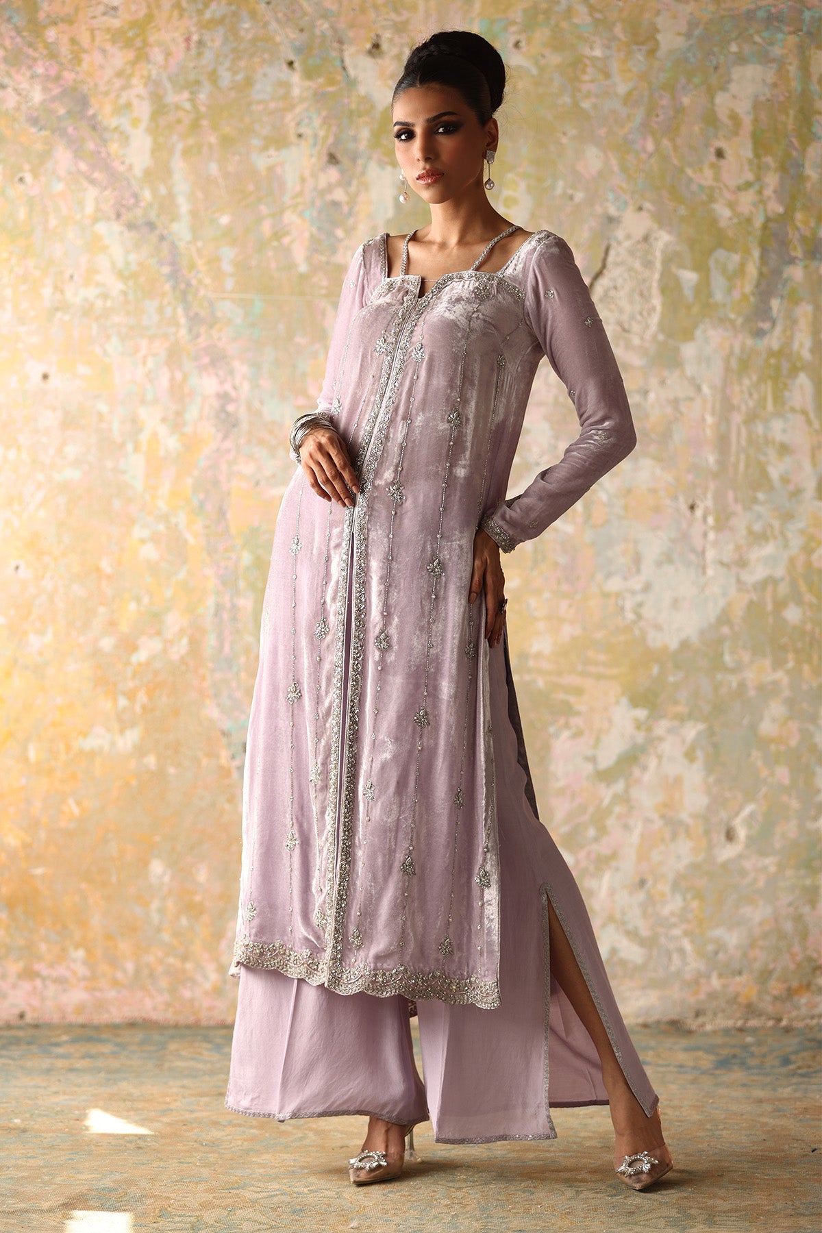Lilac Hand-Embellished Velvet & Silk Salwar Kameez (2-Piece) - Image 2
