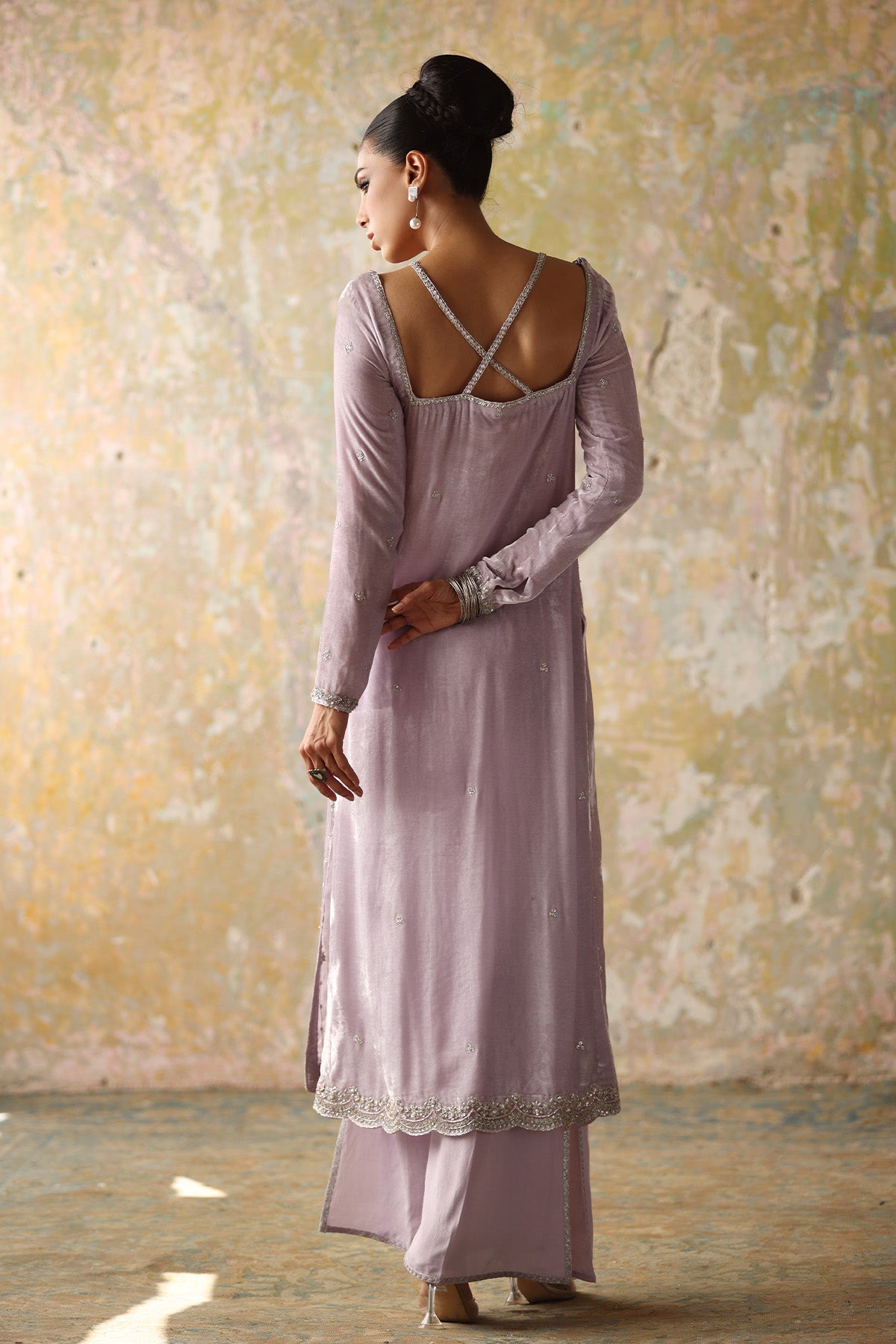 Lilac Hand-Embellished Velvet & Silk Salwar Kameez (2-Piece) - Image 3