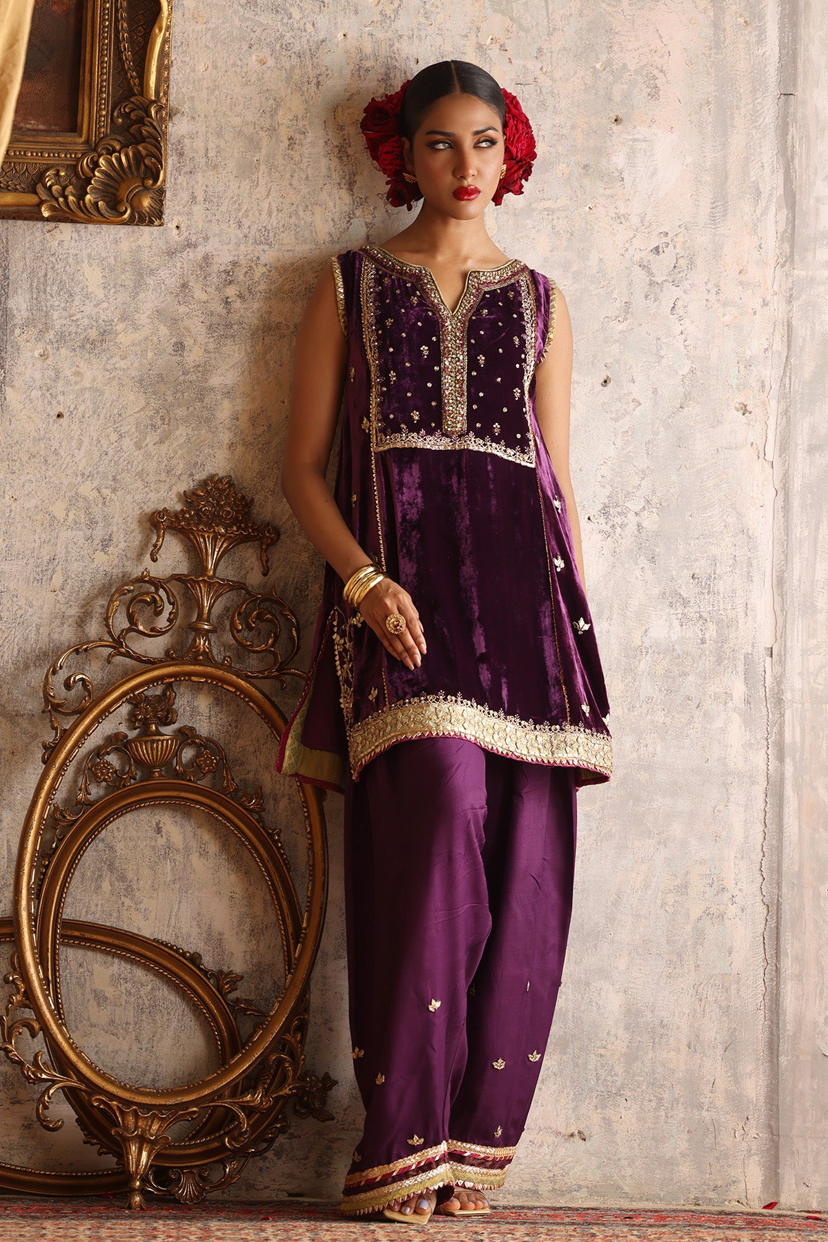 Deep Purple Gotta-Zardozi Velvet & Silk Salwar Kameez (2-Piece) - Image 1