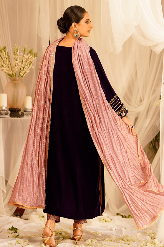 Plum Zardozi Velvet Long Shirt (3-Piece) - Image 4